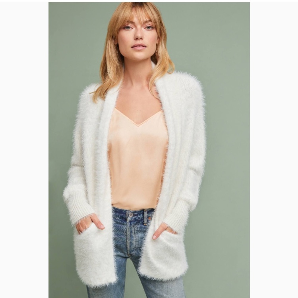 Anthropologie Ivory Pocketed Eyelash cardigan